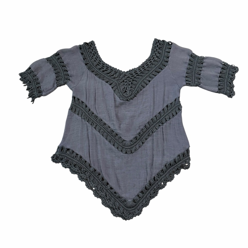 Dreamers Dark Gray Crochet & Gauze Boho Fringe Tunic Blouse - Size Medium - Picture 8 of 14
